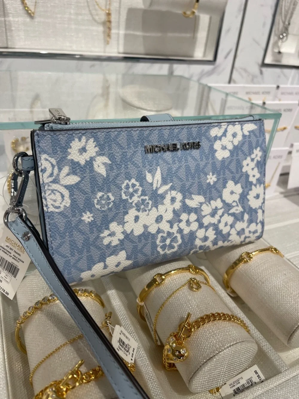 MICHAEL KORS JST Lg Double Zip Printed Signature Logo Wristlet Pale Ocean  NWT